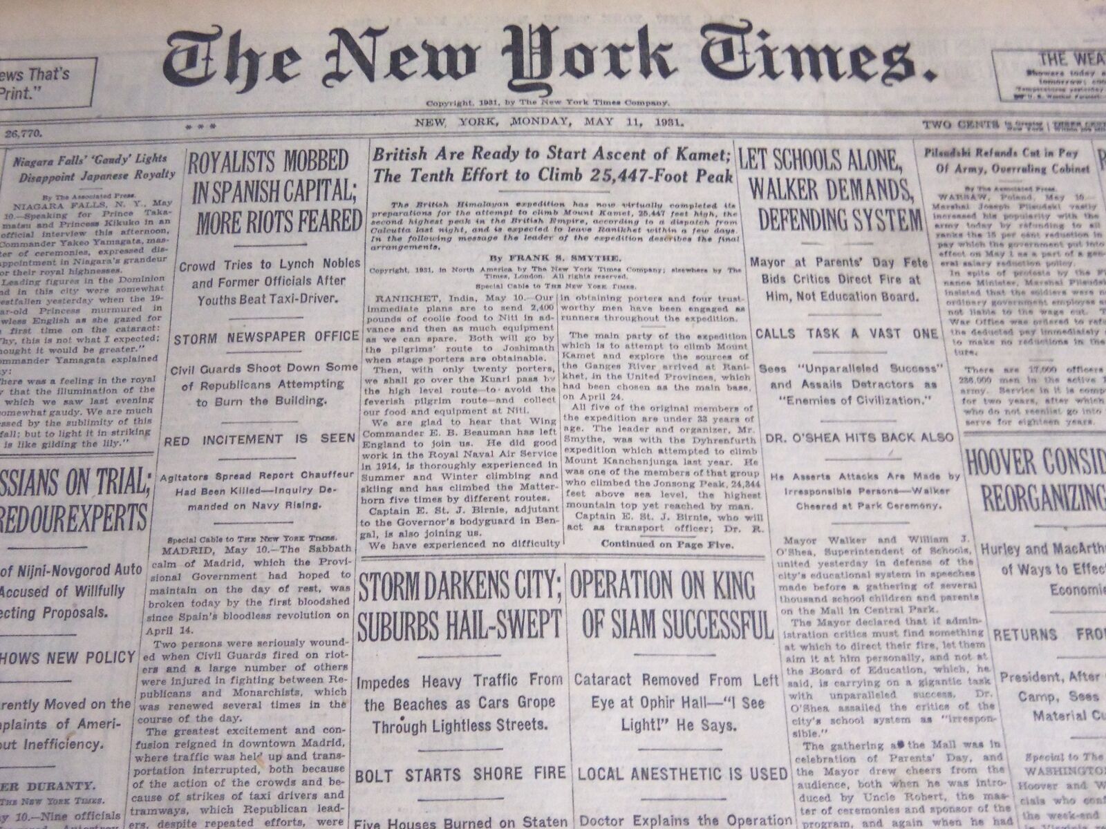 1931 MAY 11 NEW YORK TIMES - BRITISH READY TO START ASCENT OF KAMET - NT 6682