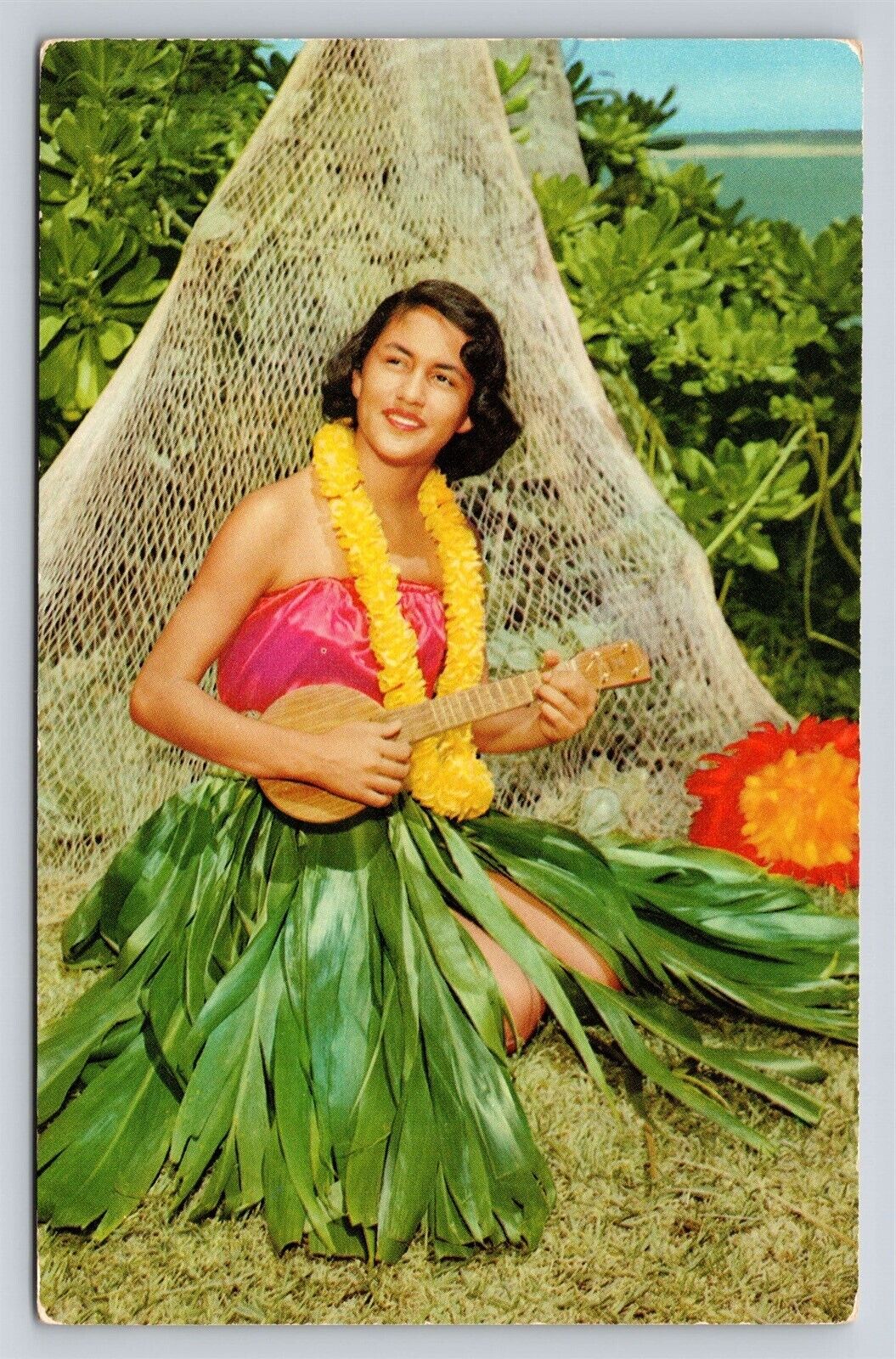 Hawaii Native Hawaiian Girl Woman with Ukulele Lei Grass Skirt Vtg HI Postcard 