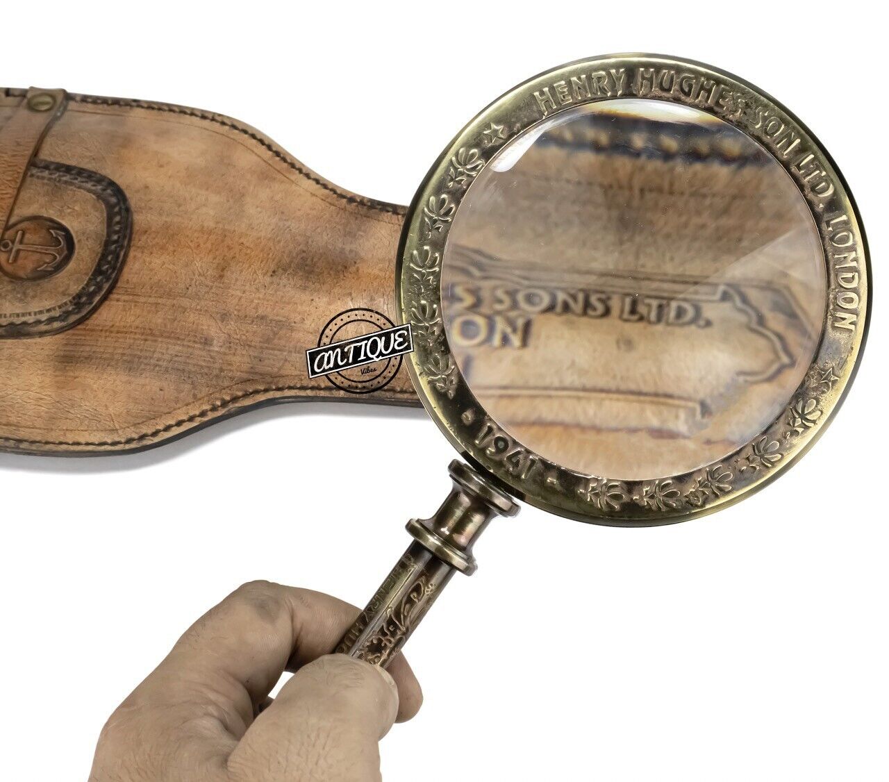 Vintage Beautiful Engraved Hand Magnifying Glass with Leather Case Antique Decor
