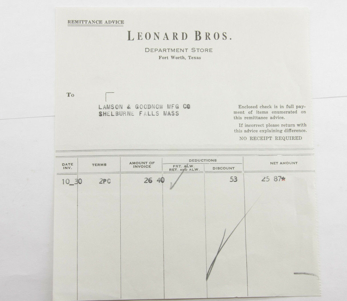 1935 Lamson Goodnow Leonard Bros Fort Worth TX Remittance Ephemera L951G