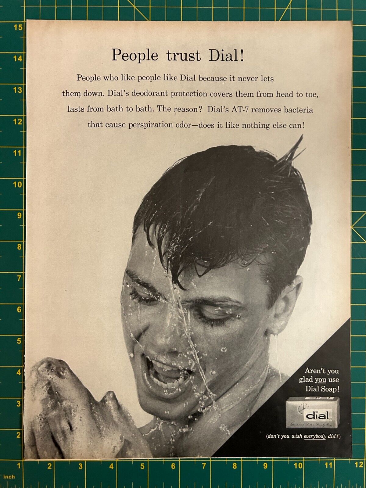 1959 Vintage Dial Bath Soap Man Showering AT-7 Removes Bacteria Print Ad U1