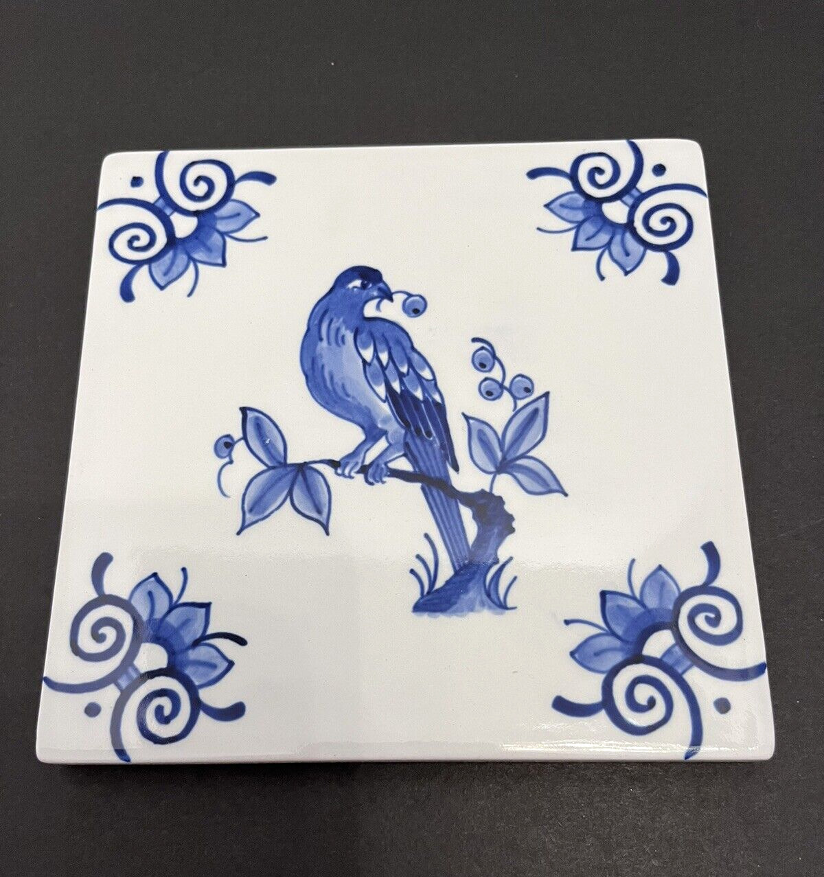Vintage 1983 Royal Delft Blue Tile Trivet Flower Bird Square Hand Painted Signed