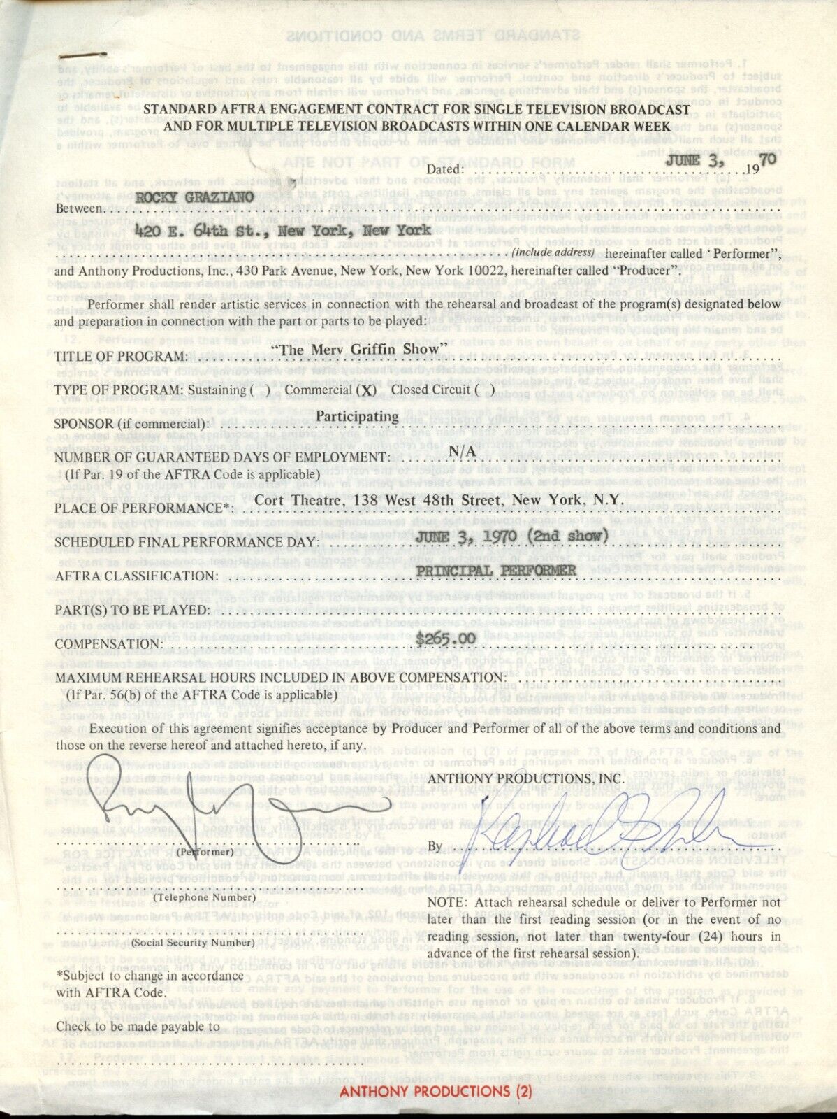Rocky Graziano signed autograph 8.5x11 Original Merv Griffin 1970 Show Contract