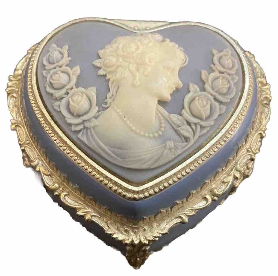 Vintage Cameo Heart Shaped Blue Trinket Box