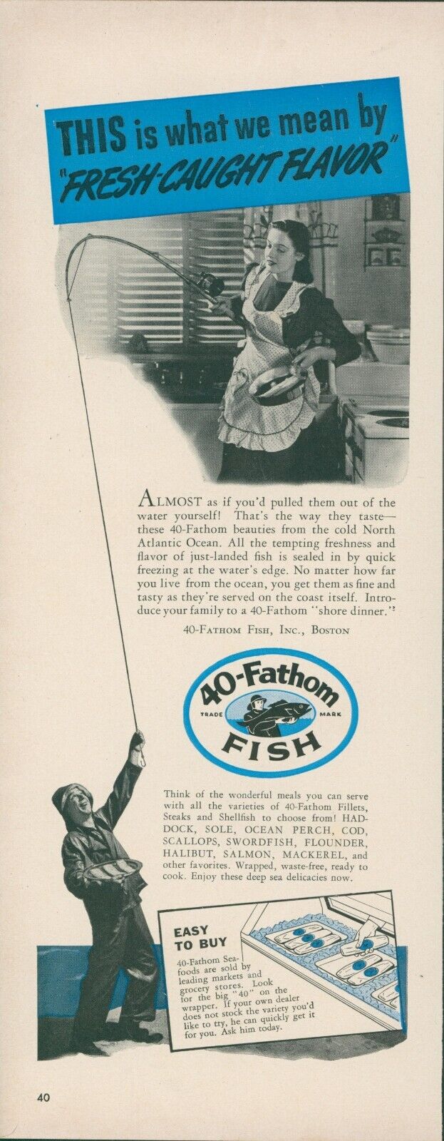 1942 40 Fathom Fish Fresh Caught Flavor Fishing Pole Apron Vintage Print Ad L26