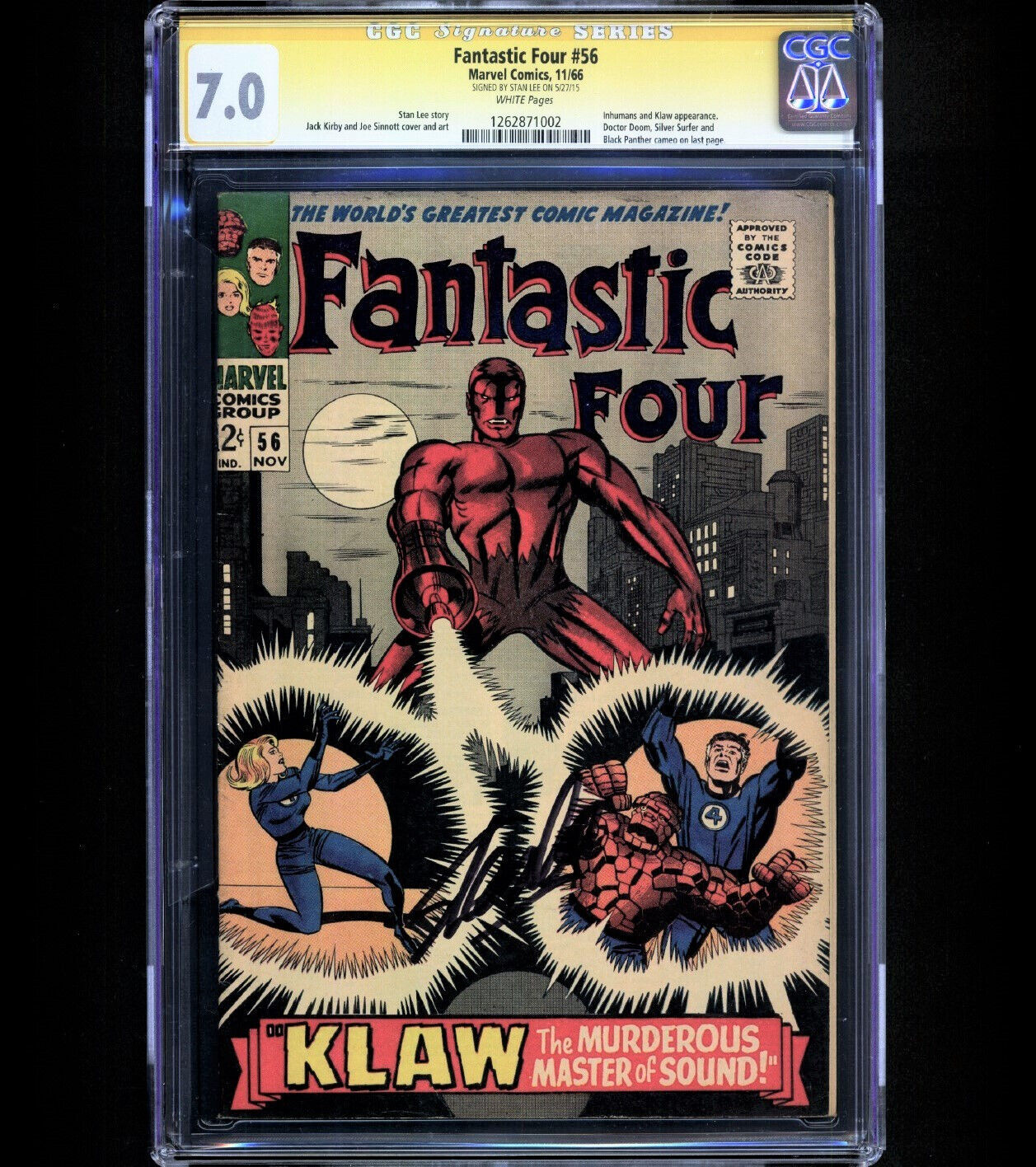 Fantastic Four #56 CGC 7.0 SS STAN LEE Black Panther Vibranium Klaw 1966 RARE