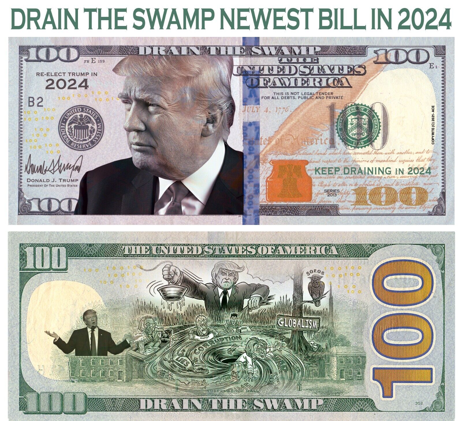 50pk In Trump DRAIN THE SWAMP in  2024 Dollar Bills  MAGA Novelty Funny Money