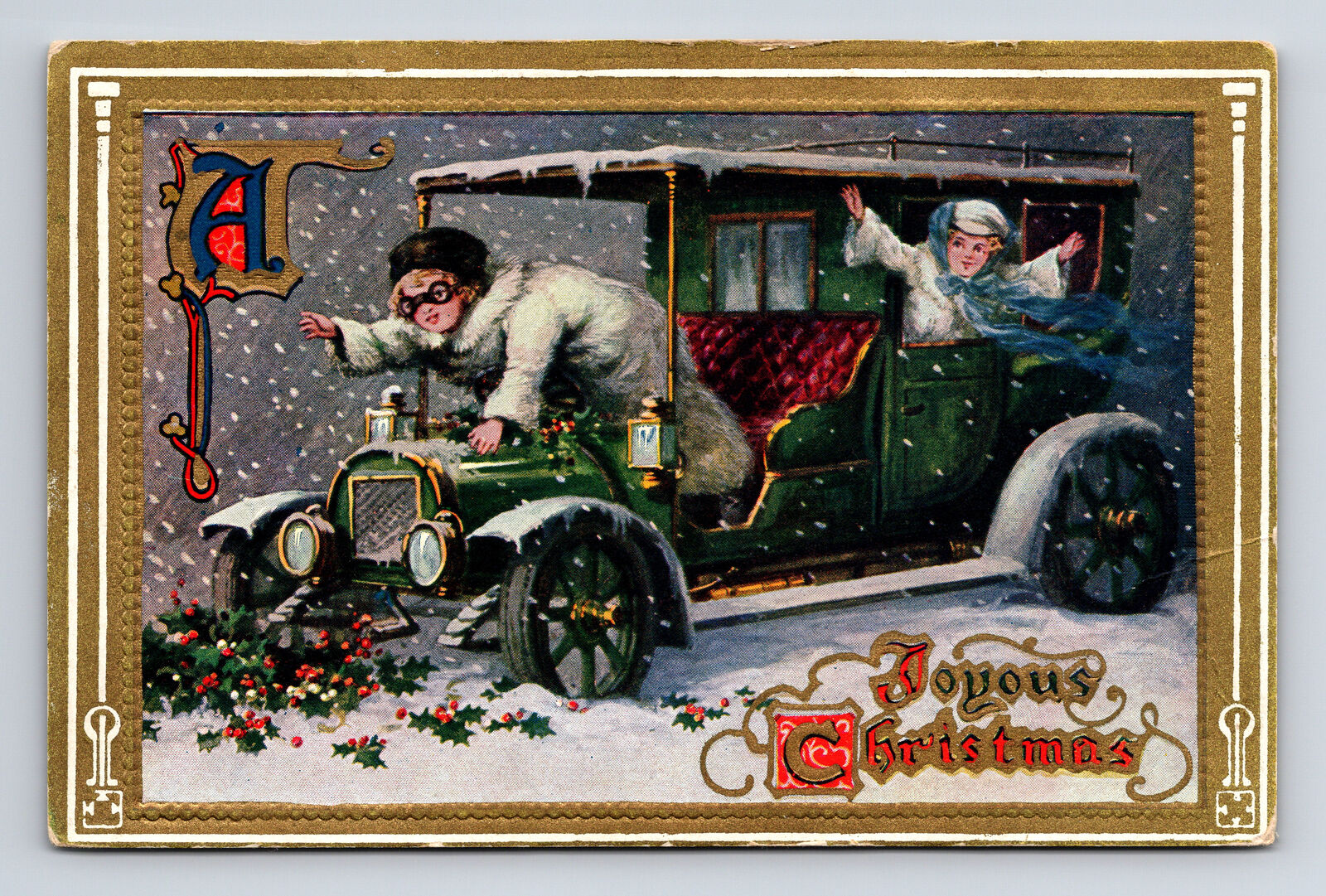 TUCK's Girls White Fur Coats Joyride in Old Car Joyous Christmas Postcard