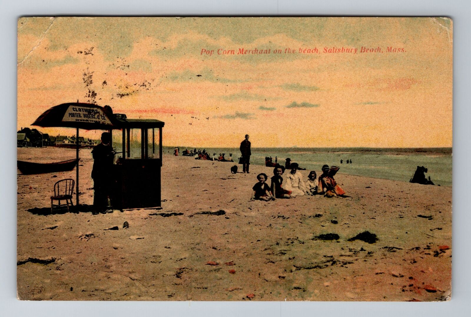 Salisbury Beach, MA-Massachusetts, Popcorn Vendor Beach c1910, Vintage Postcard