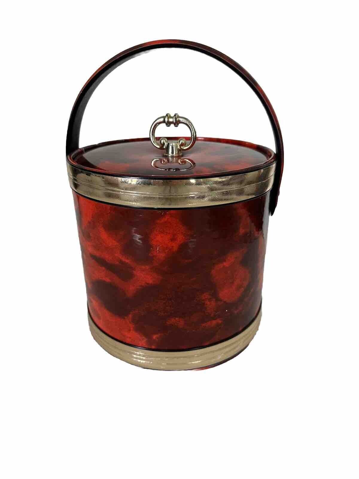 Mid Century Modern Red and Black Marbled Ice Bucket. Bar Cart Piece Gold Trim