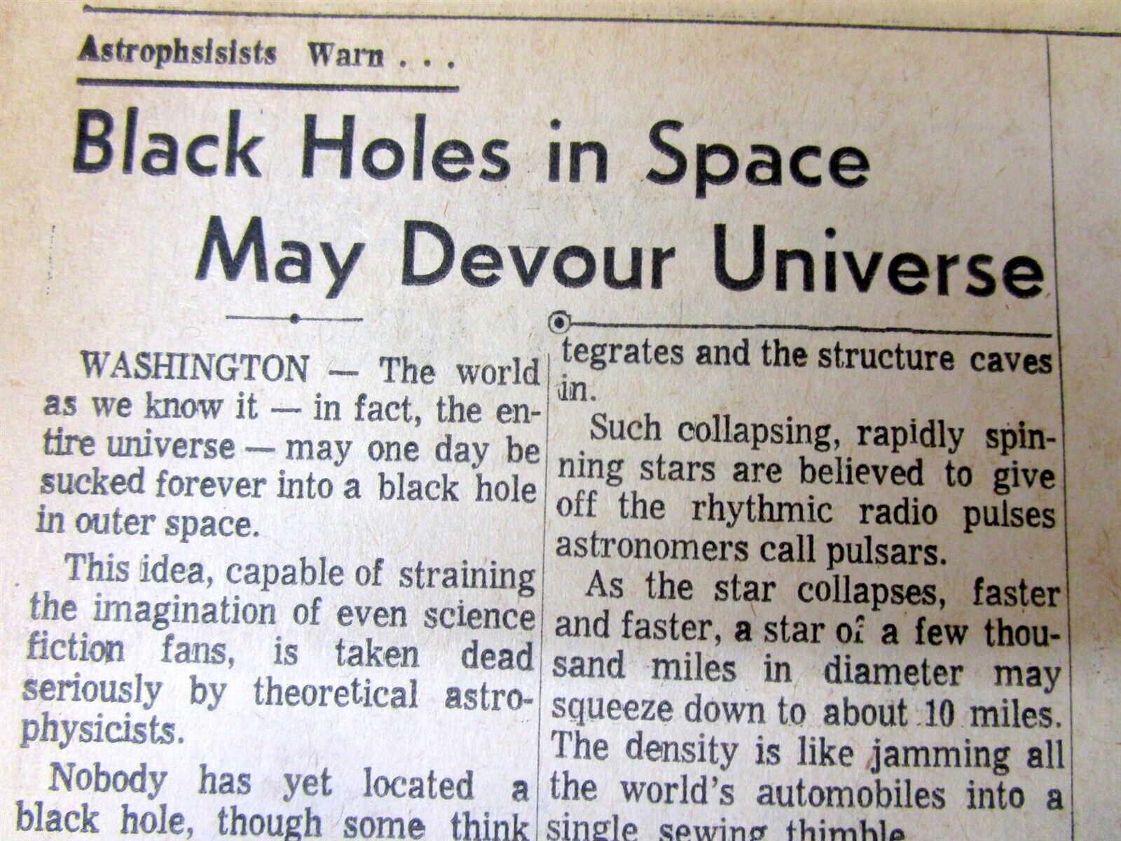 1971 newspaper EXISTANCE OF BLACK HOLES in THE UNIVERSE 1st PROVEN by ASTRONOMY