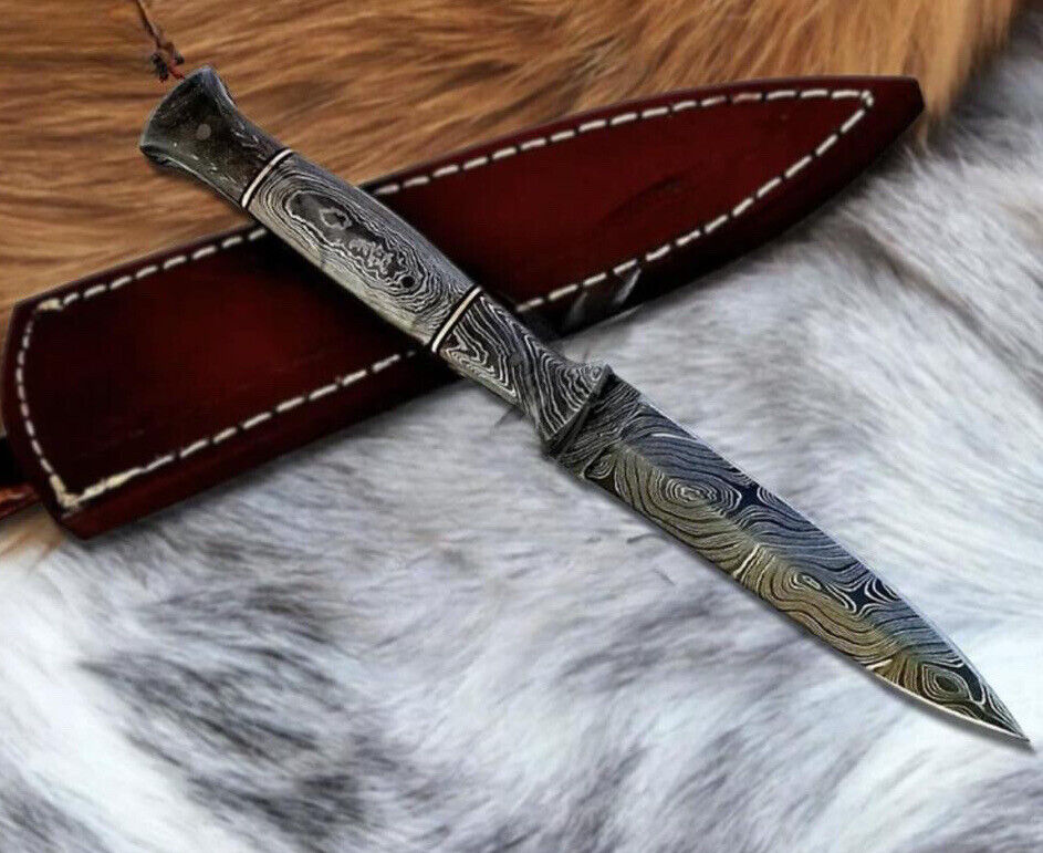 Vintage Handmade M48 URBAN Dagger Damascus Fixed Double Edged Blade Knife Sheath