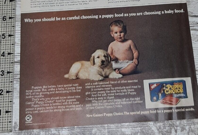 1976 Gaines Dog Food Vintage 1/2 Page Print Ad Puppy Choice Baby Diaper Cute