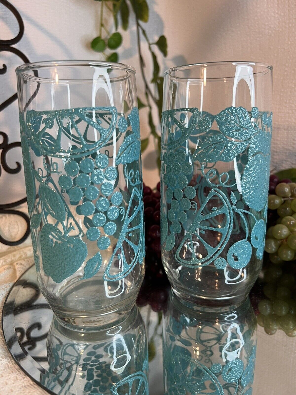2- Libbey  Replacement Teal Textured Nonslip 16oz Glasses /Tumblers With Fruit