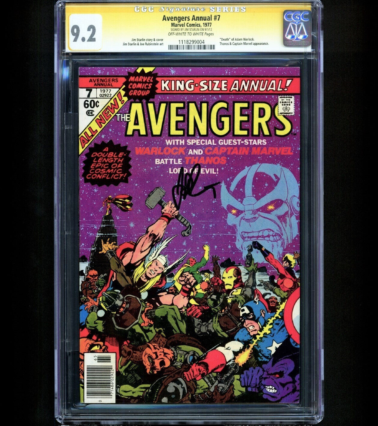 Avengers Annual #7 CGC 9.2 SS 1ST SPACE GEM Infinity Gauntlet THANOS Signed NM