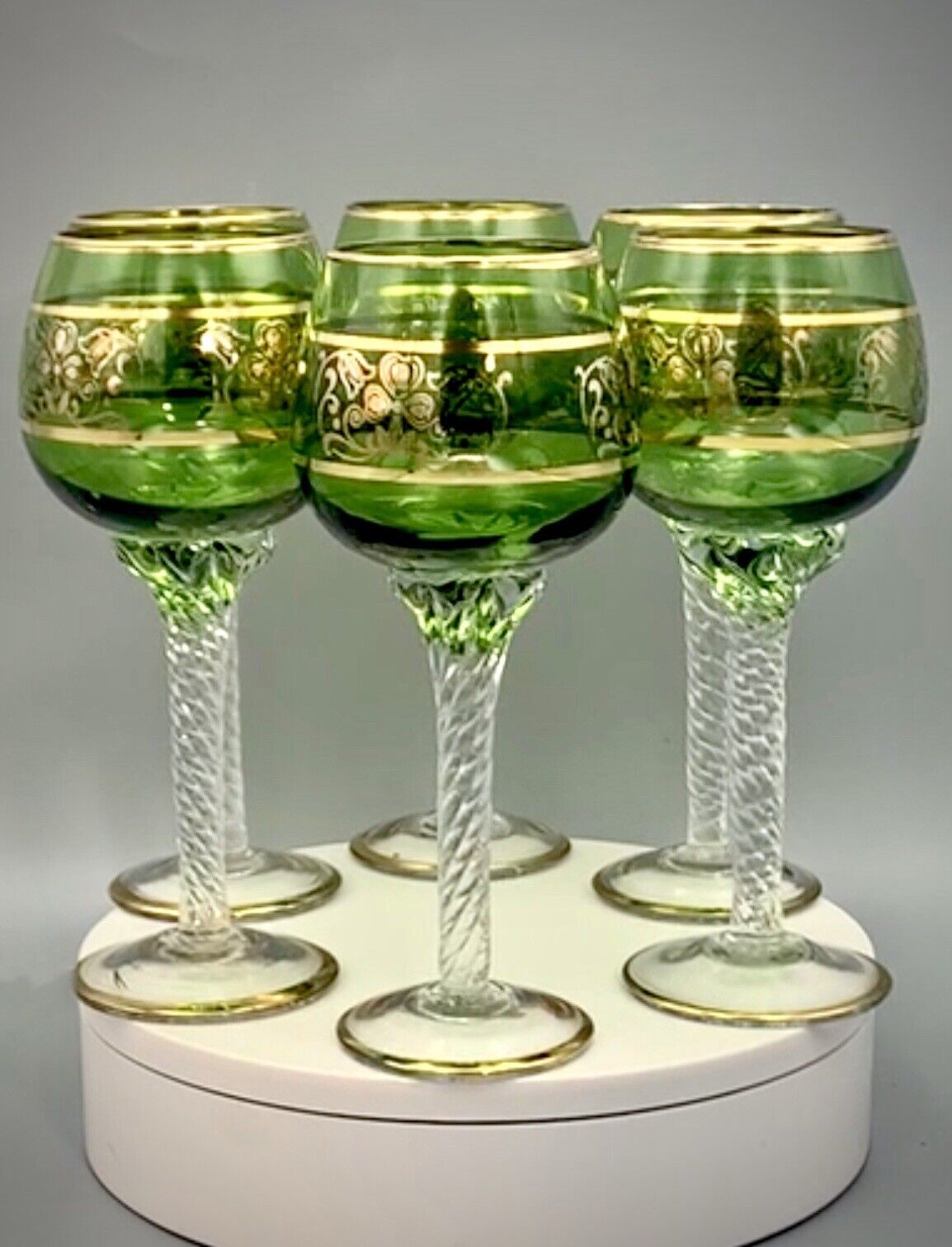 Rare Vintage Green Gilded Italian Hand Blown Spiral Twisted Stem Glasses. 6pcs