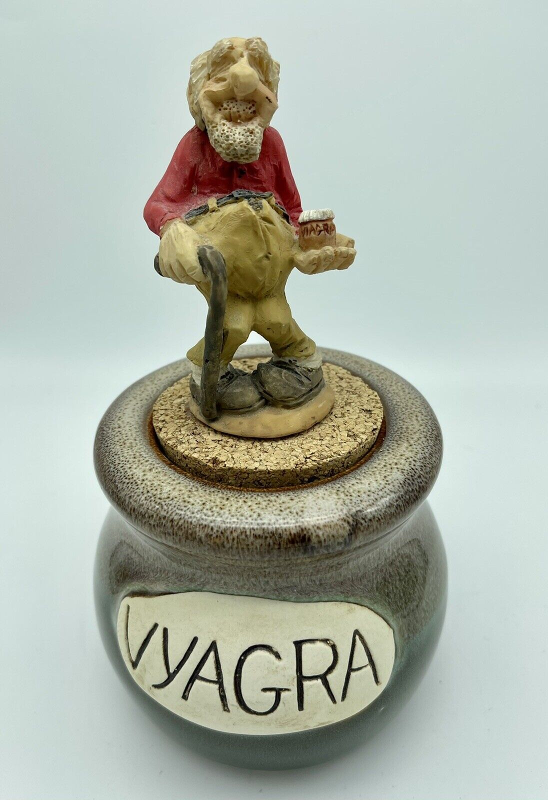 Vintage Viagra Pottery Jar With Old Man Sex Fun Gag Figurine Cork 7 1/2”