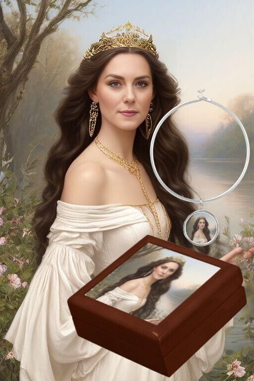 Princess Kate Middleton Portrait Art Wood Jewelry Box (Tile Lid) & Charm Bangle 