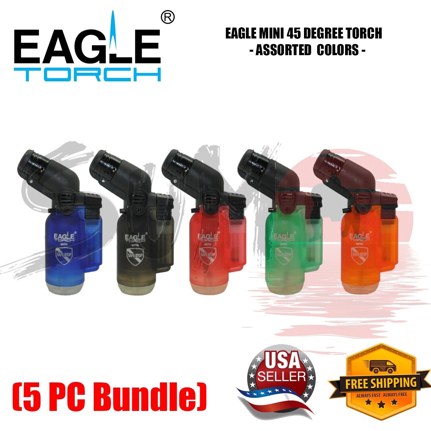 5 Pack Eagle Torch 45 Degree Jet Flame Refillable Torch Lighter Assorted Colors