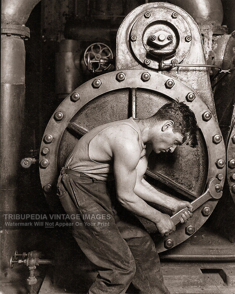 Vintage 1920 Photo - Power House Mechanic & Steam Pump Muscular Man Working