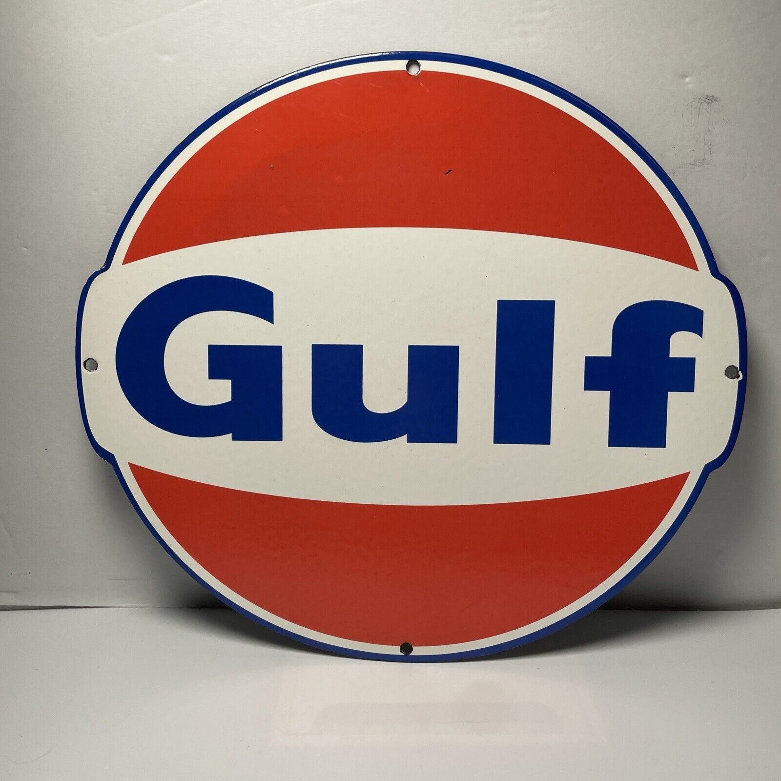 GULF Gasoline Metal Porcelain Gas Station Sign (approximately 13”x14”) Vintage