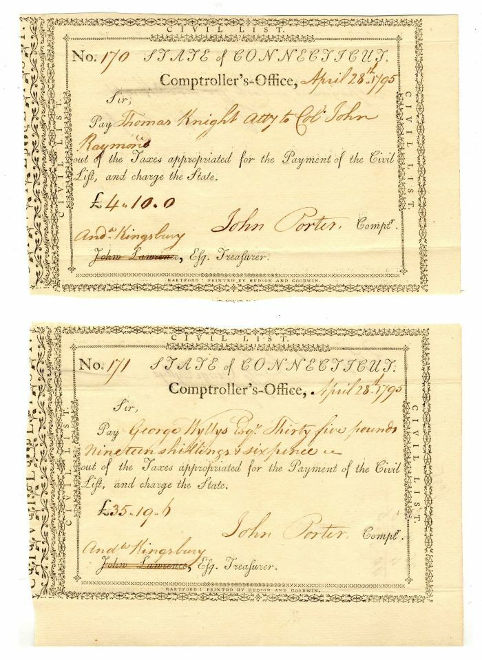 Pair of State of Connecticut Pay Order - Connecticut Revolutionary War Bond - Co