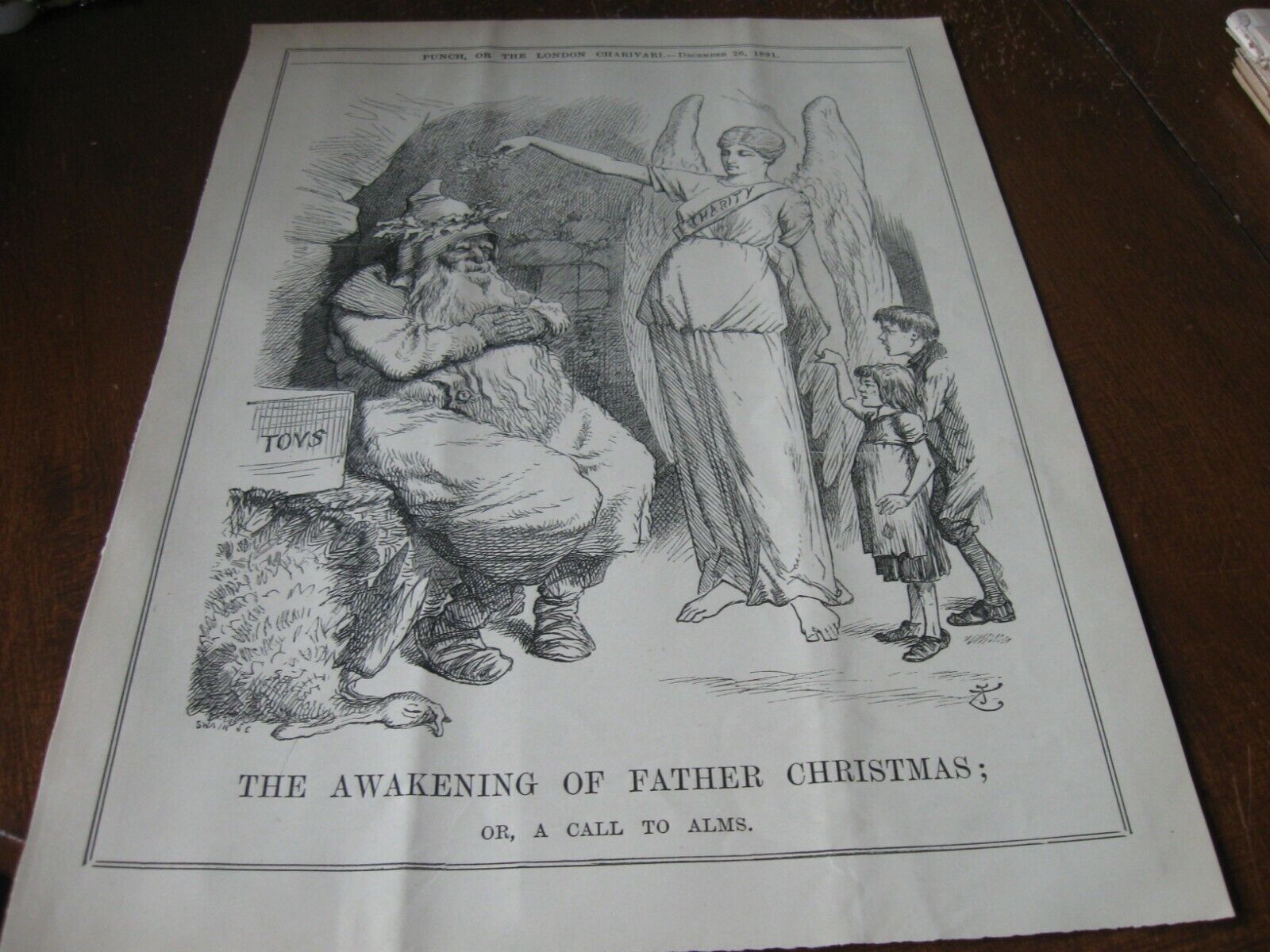 1891 Original POLITICAL CARTOON - CHARITY ANGEL Wakens FATHER CHRISTMAS to Alms