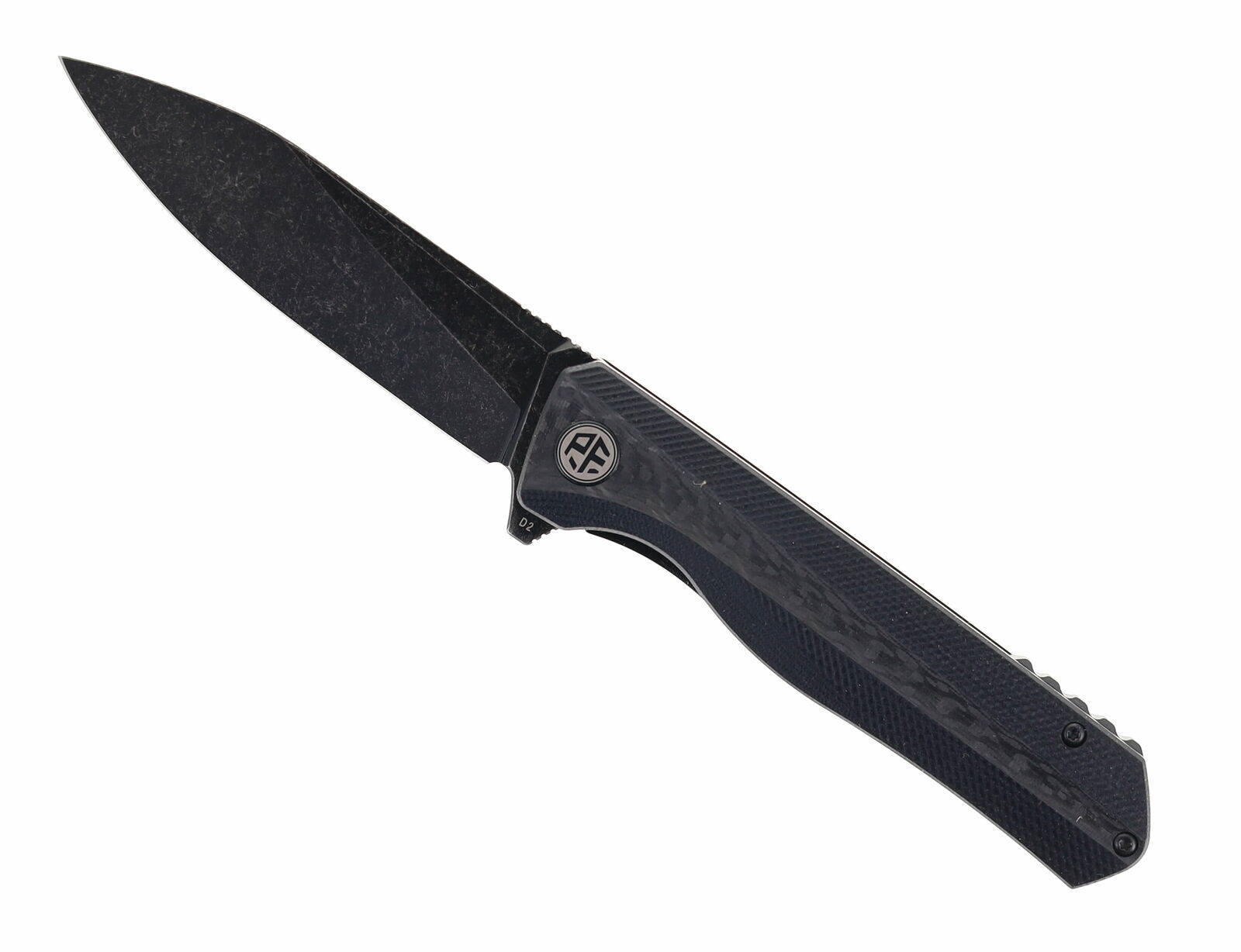 Petrified Fish Folding Knife Black CF/G10 Handle D2 Plain Black Blade PF-818CDW