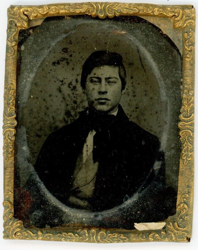 CIRCA 1800\'S ANTIQUE 9th Plate TINTYPE Brass Glass Frame Handsome Young Man Suit