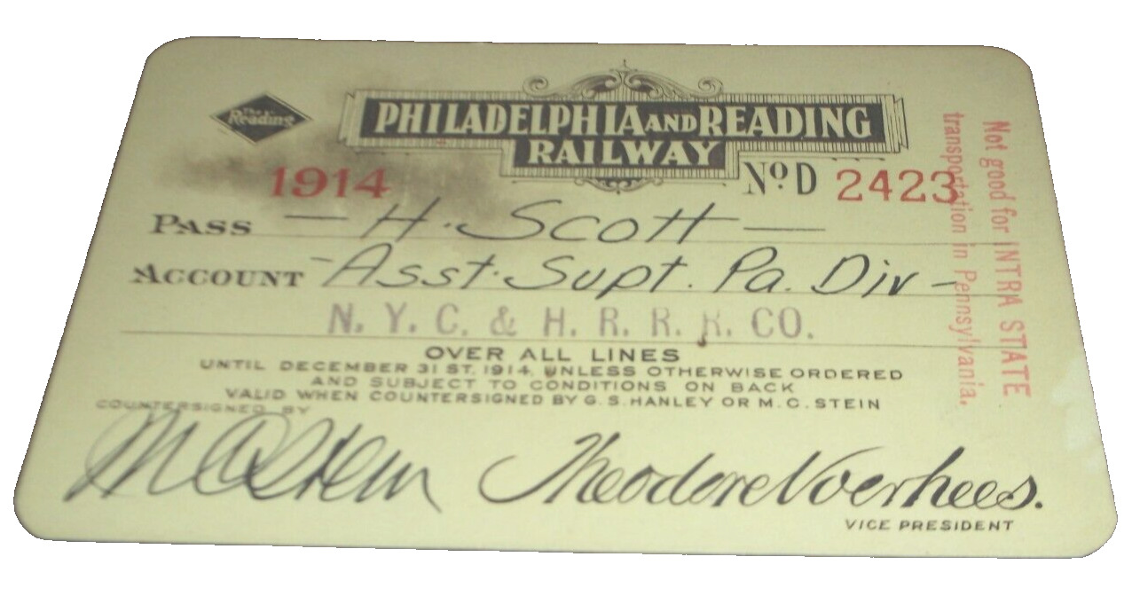 1914 PHILADELPHIA & READING RAILWAY READING COMPANY EMPLOYEE PASS #2423