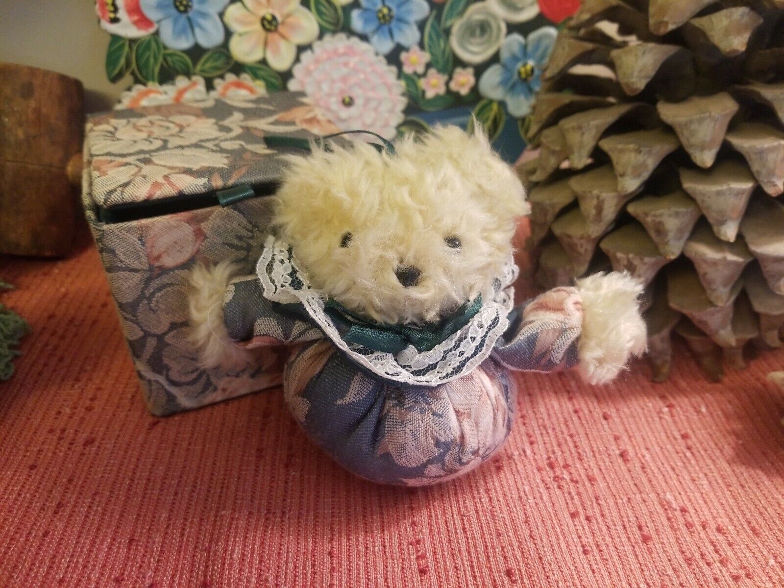Adorable Vintage Teddy Bear Plush Christmas Ornament w/ Fabric Box