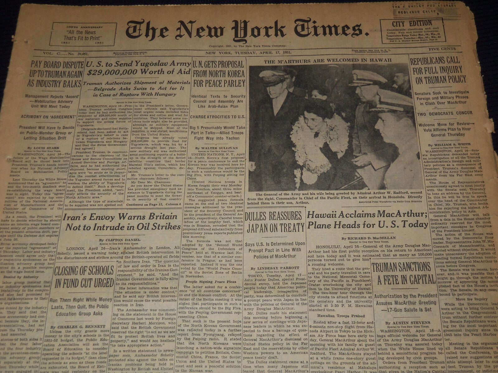 1951 APRIL 17 NEW YORK TIMES - M\'ARTHURS WELCOMED IN HAWAII - NT 2268