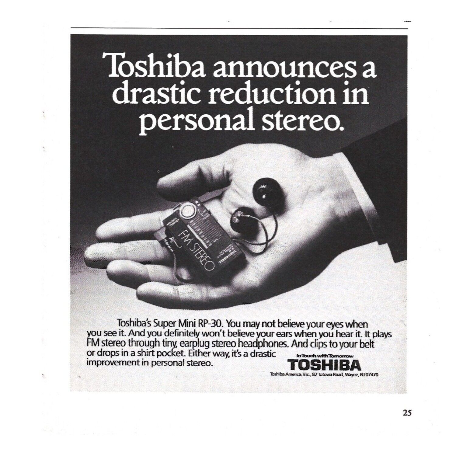 Toshiba Super Mini FM Stereo Headphones Earplug 1980s Vintage Print Ad 5.75 inch