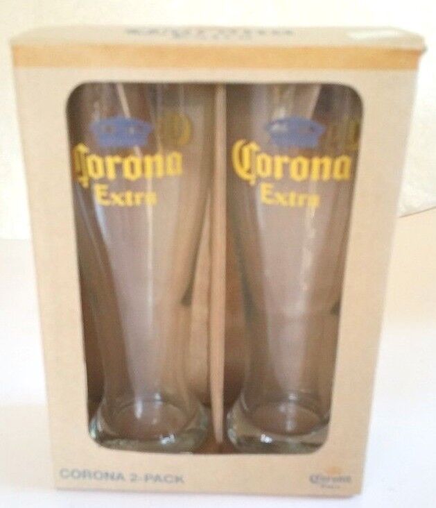 Collectible Set of 2 Corona Extra Glasses Clear with Gold Lettering Crown