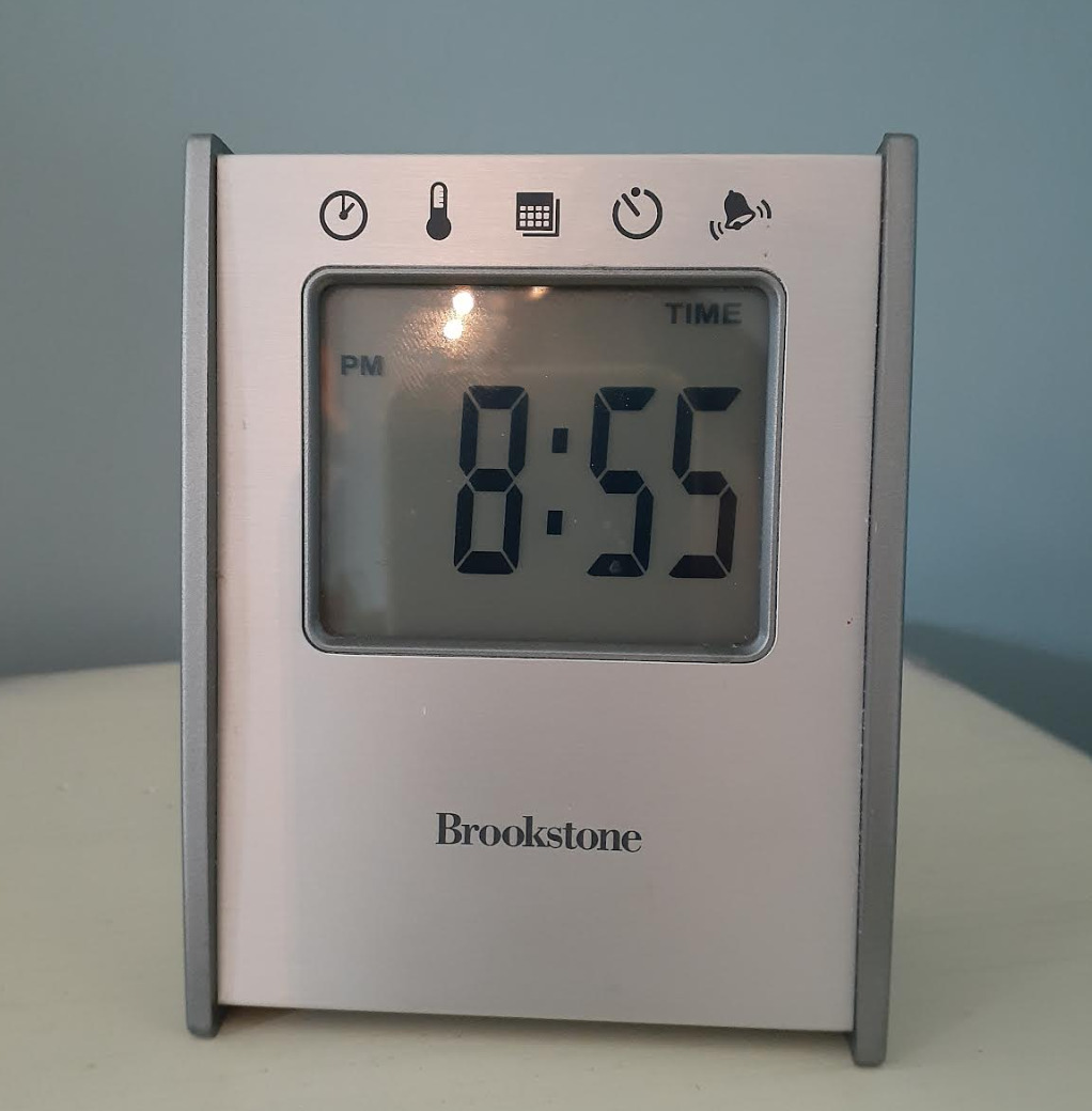 Brookstone 5-in-1 Sensor Travel Clock-Time-Temp-Date-Alarm-Timer-Tested Working