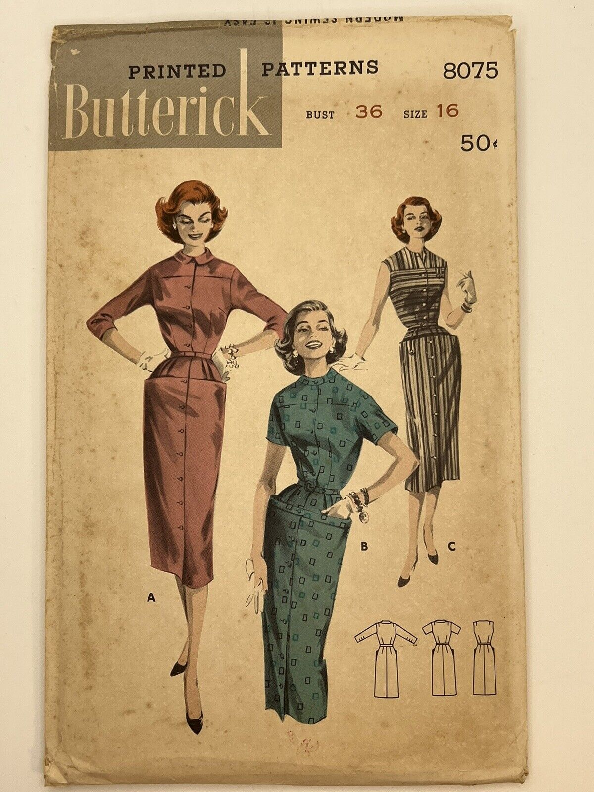 Vintage Butterick Printed Pattern 8075 Button Front Dress Size 16 Bust 36 EUC