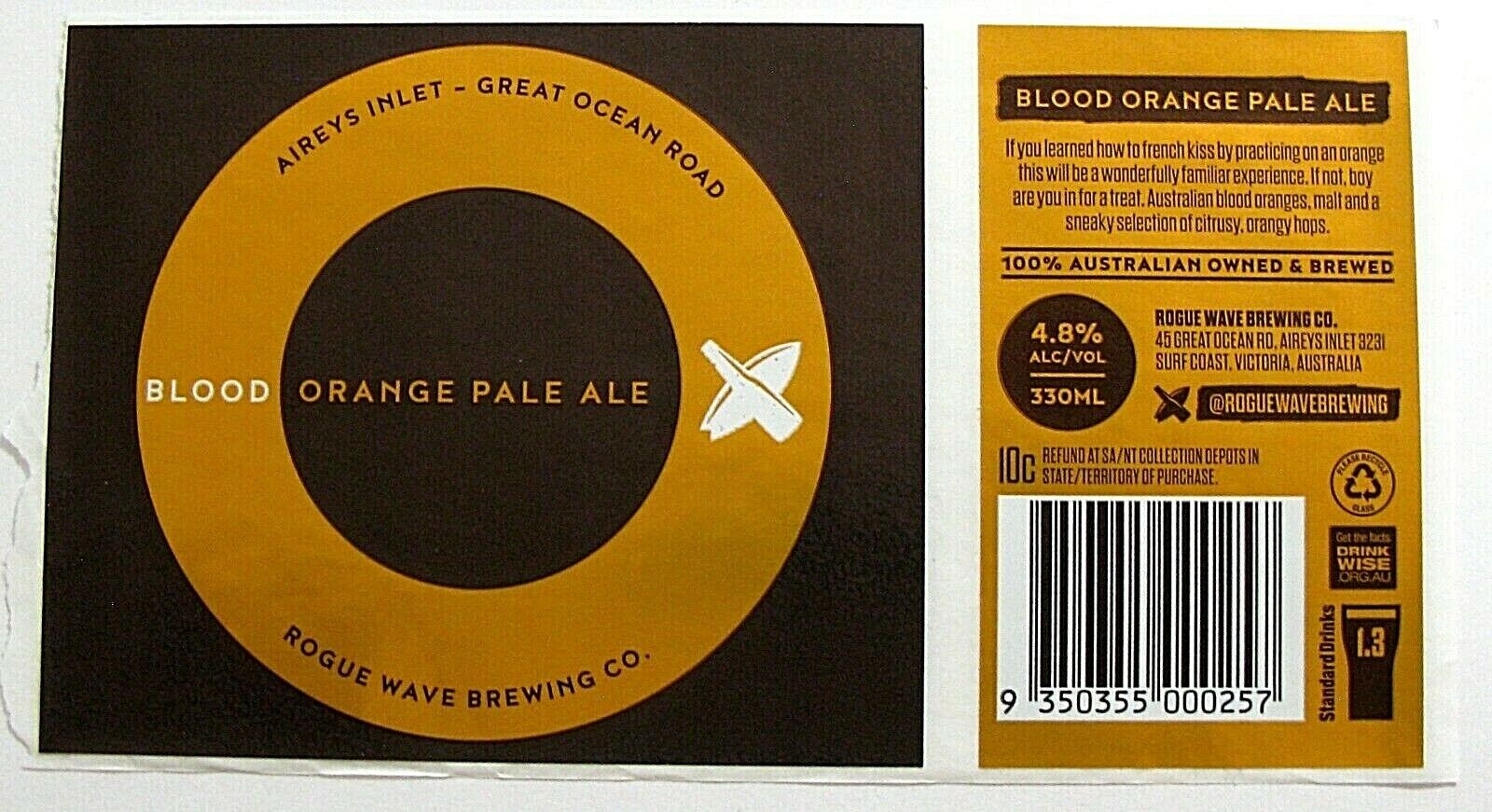 Rogue Wave Brewing BLOOD ORANGE beer label AUSTRALIA 330ml STICKER with Back