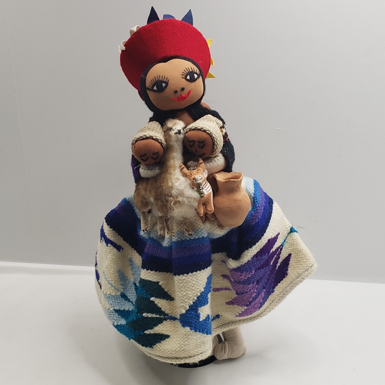 Peruvian Folk Art Doll Handmade, with 3 Babies, Llama, Pottery Bull  and Pitcher