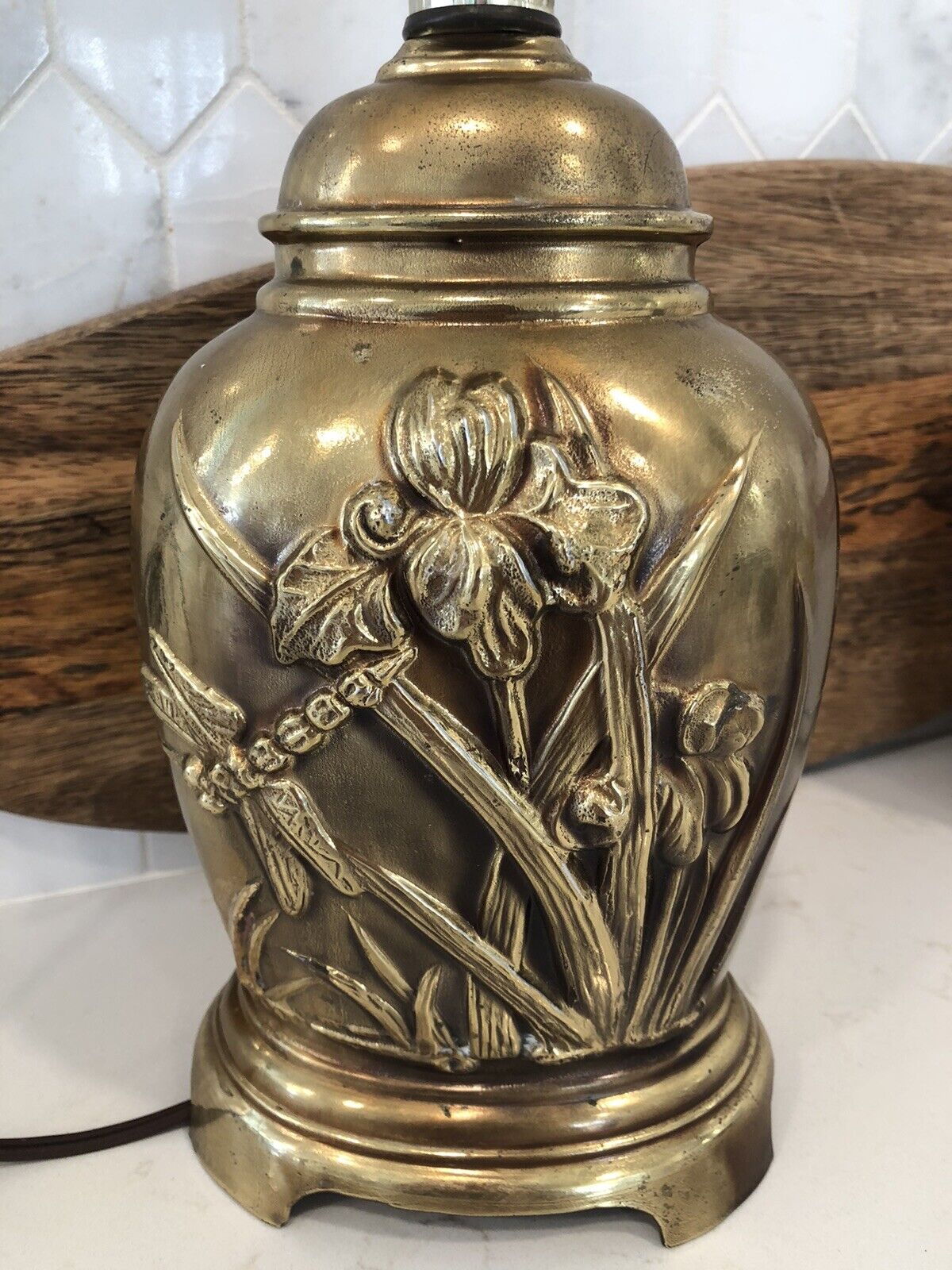 Vintage Gary M Kettler Brass Lamp With Dragonfly And Lilies