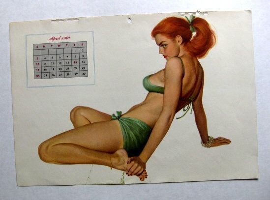 April 1949 Large Pinup Girl Calendar Page by Al Moore Red Head in Green