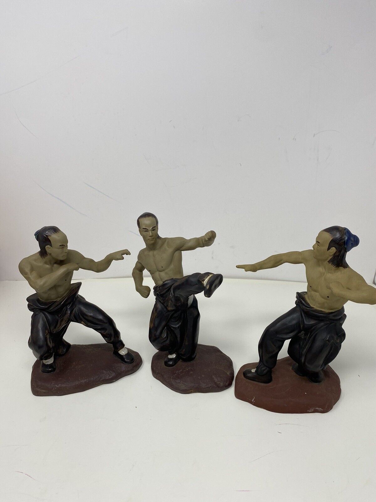X3 Vintage Shiwan Pottery Clay Mudman Chinese Kung Fu Martial Arts Figures 7”