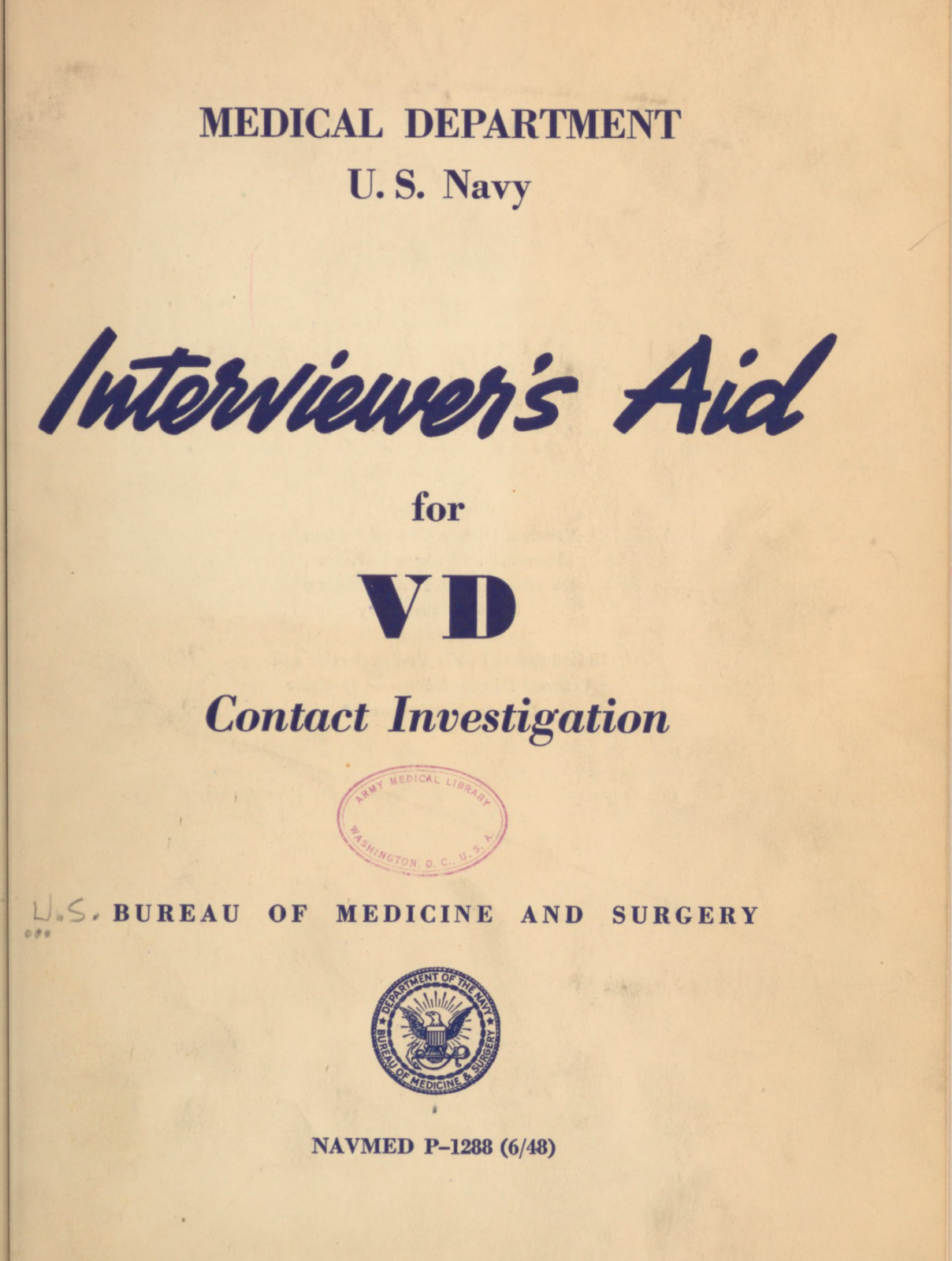 65 pg. Navy Venereal Disease VD Interviewer Aid Contact Investigation on Data CD