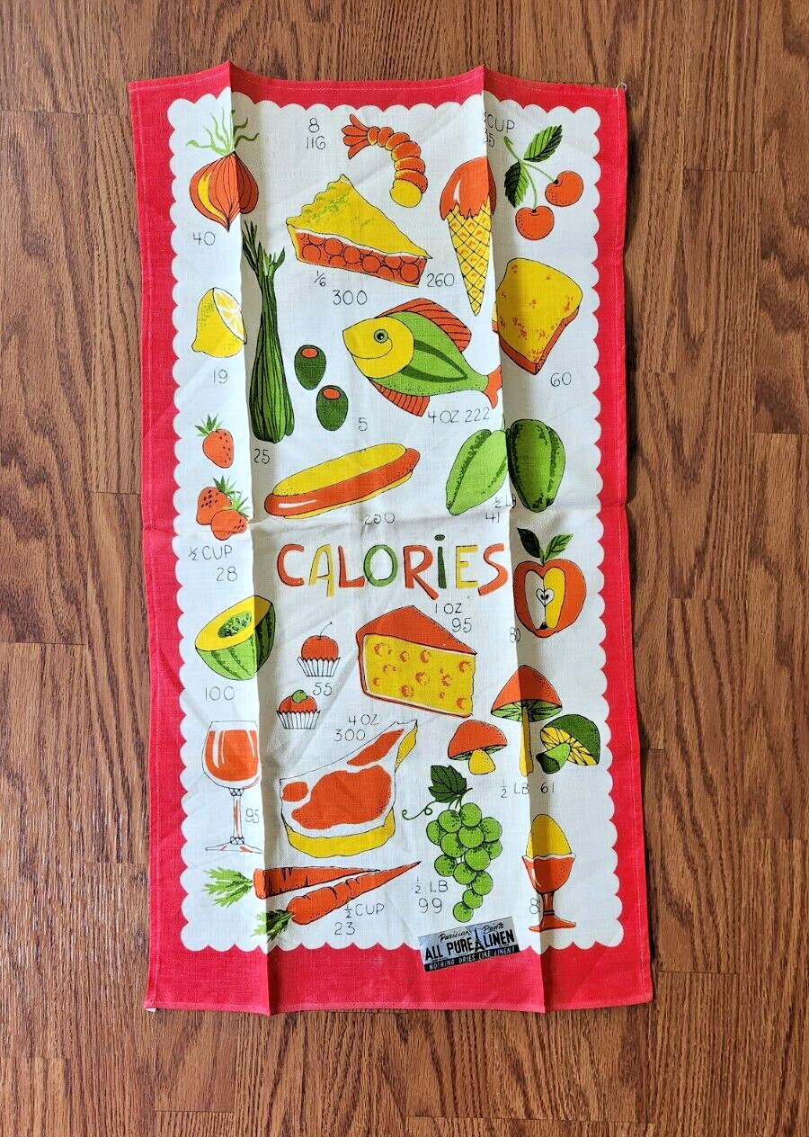 Vintage Linen Parisian Print Multi-Color Food Calories Dish Towel MCM Label