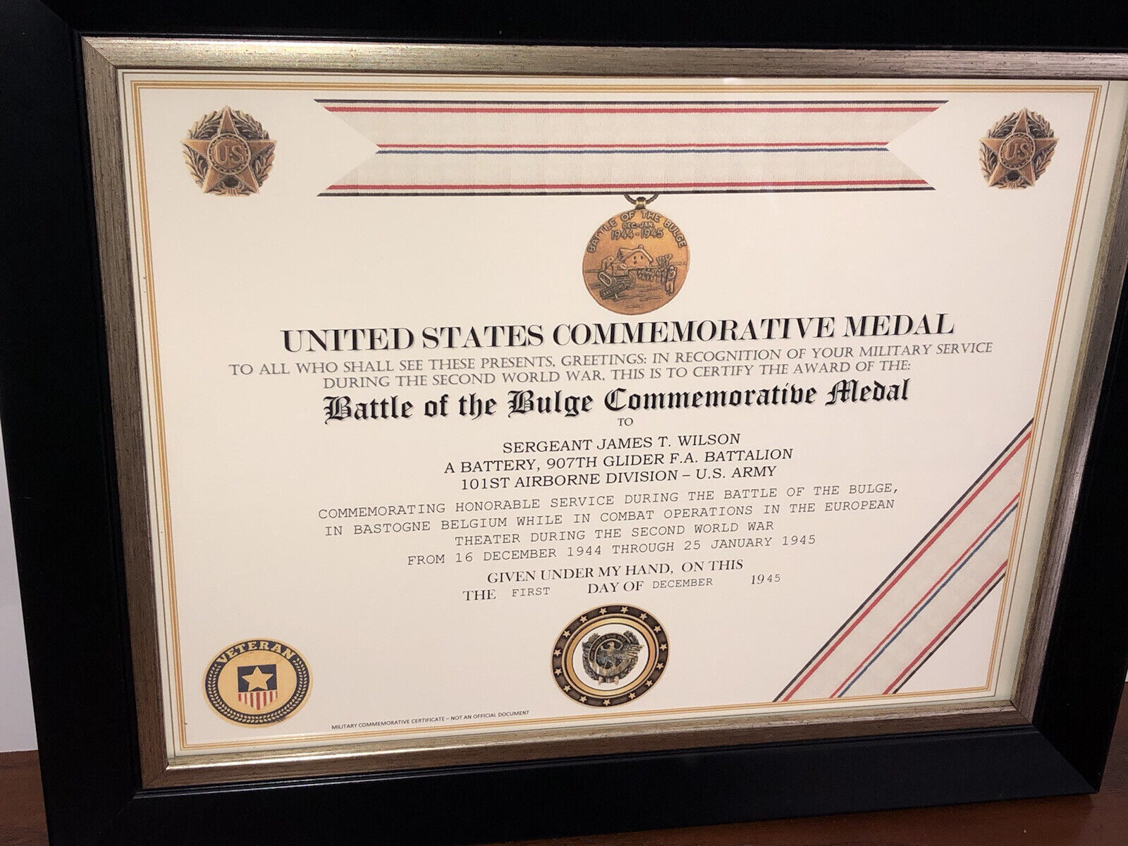 WW2 - BATTLE OF THE BULGE COMMEMORATIVE MEDAL CERTIFICATE ~ Type 1
