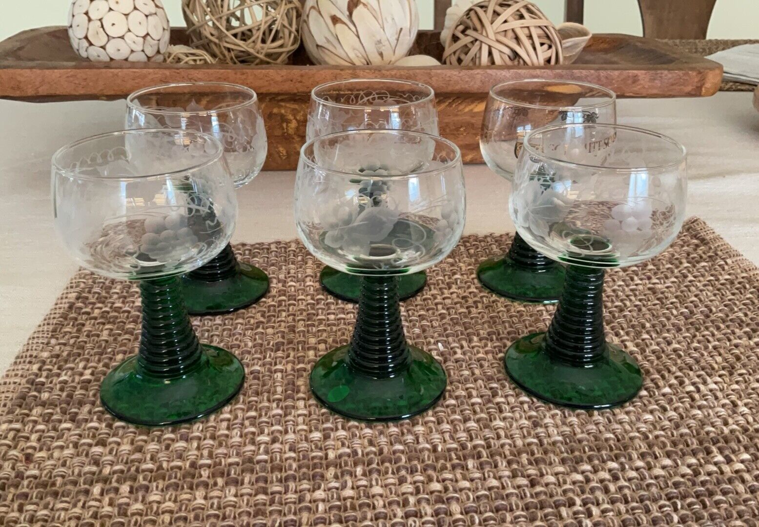 6 Vintage German Roemer Beehive Green Stem Crystal Etched Wine Goblets Glasses