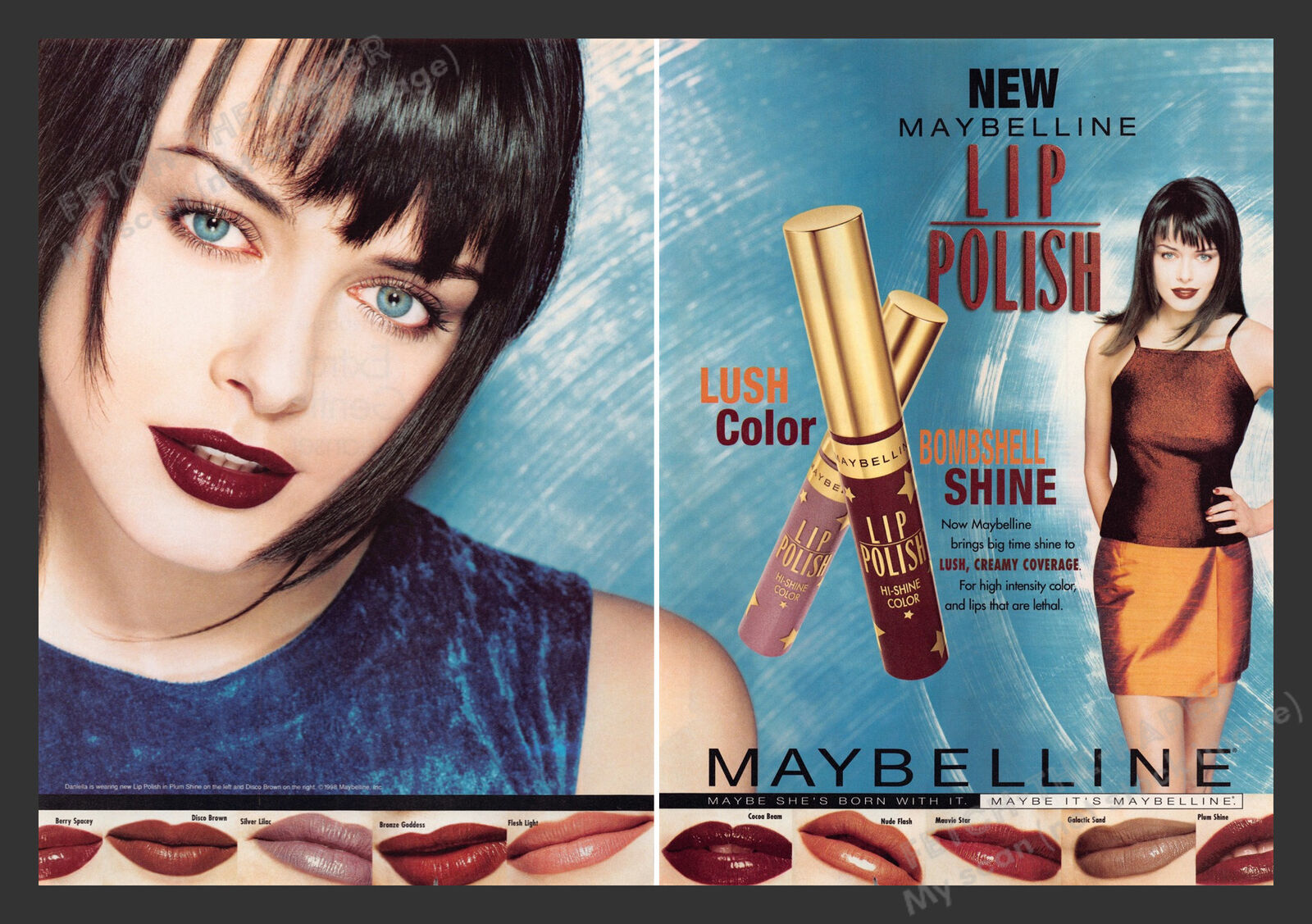 Maybelline 1990s Print Advertisement 1998 Lip Cosmetics Bombshell Fashion Model