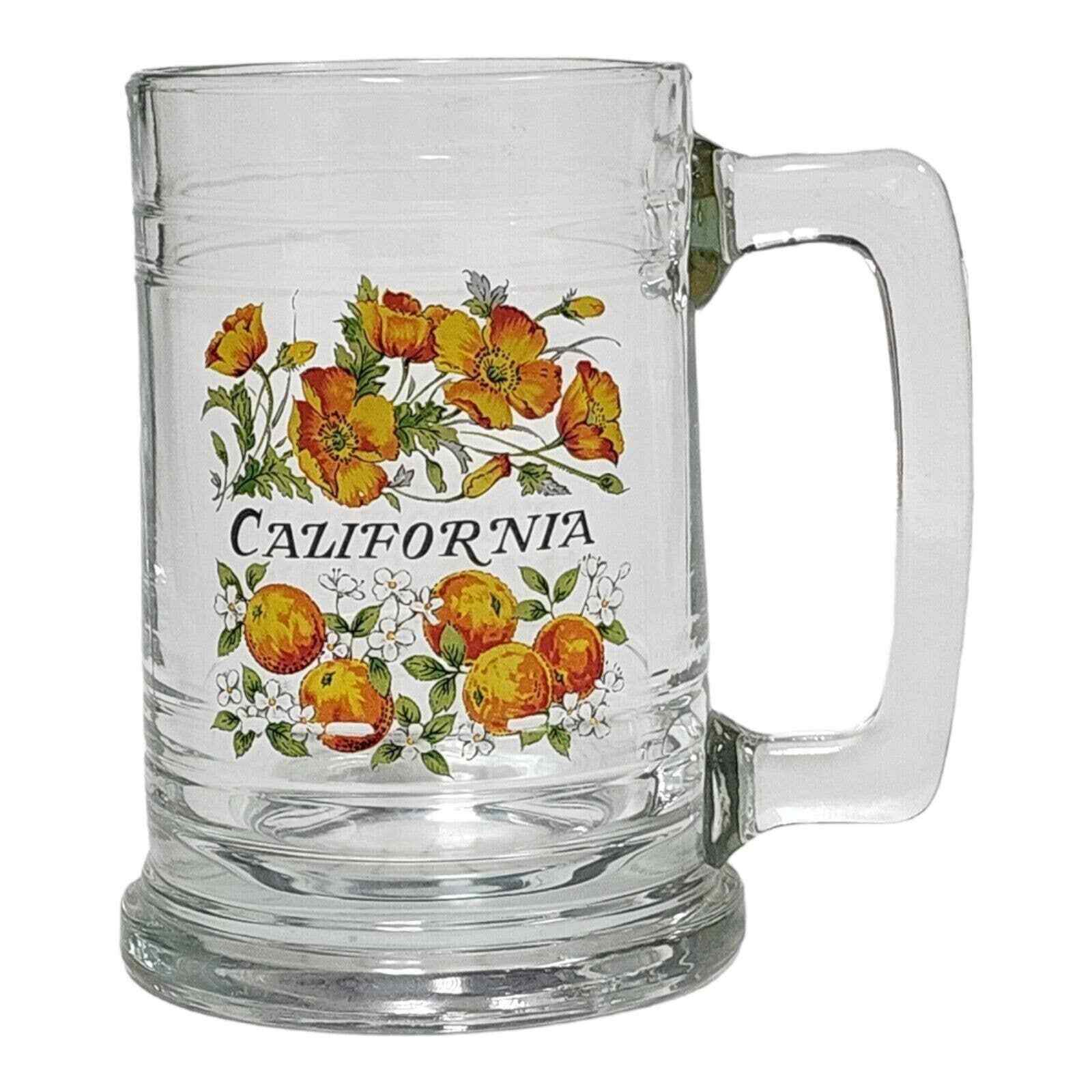Vtg 80s California Fire Poppy Oranges Souvenir 12 oz Clear Glass Beer Mug  