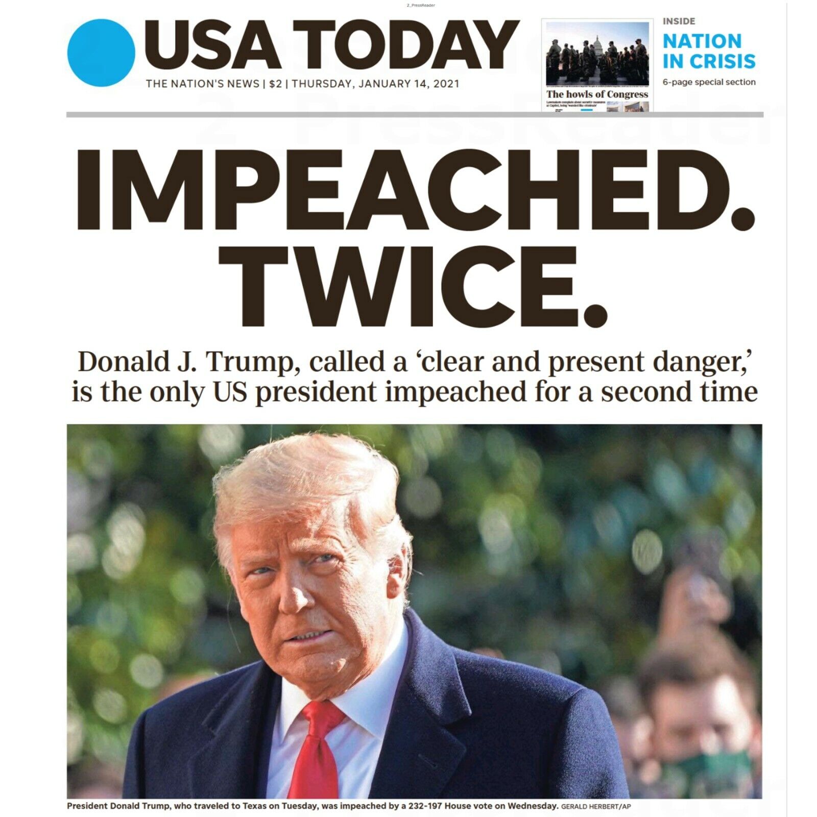 USA TODAY NEWSPAPER THURSDAY JANUARY 14, 2021 DONALD TRUMP IMPEACHED TWICE