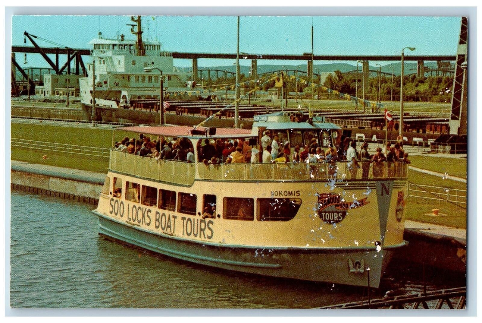 c1950\'s Tour Boat In The Mac Arthur Lock Sault Ste. Marie Michigan MI Postcard