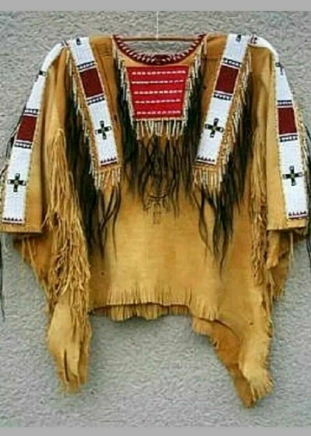 Old Antique Style Handmade Golden Buckskin Suede Leather Fringes Beaded War NW2